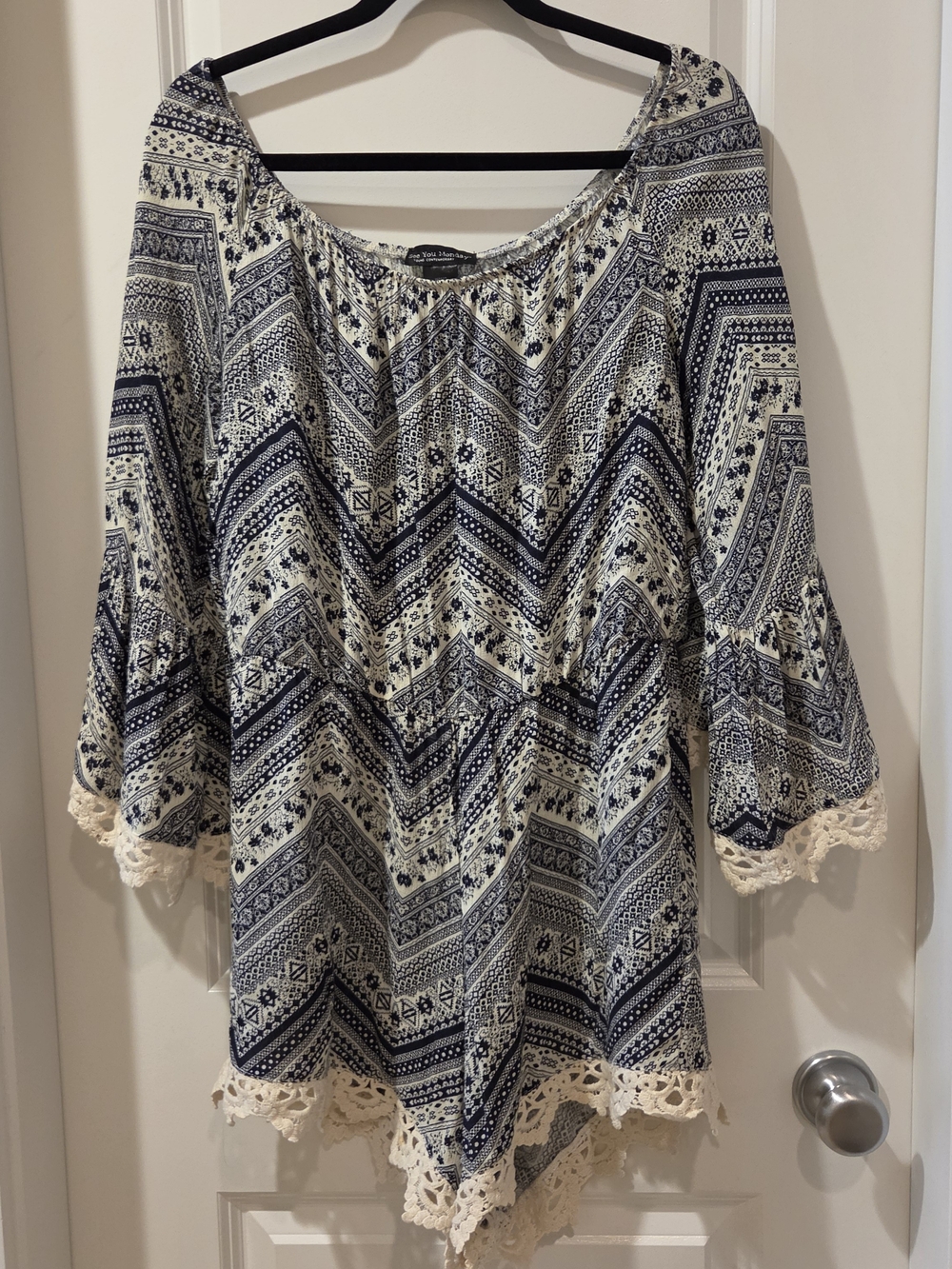 See You Monday Navy & Ivory Crochet-Trim Peasant Shorts Romper